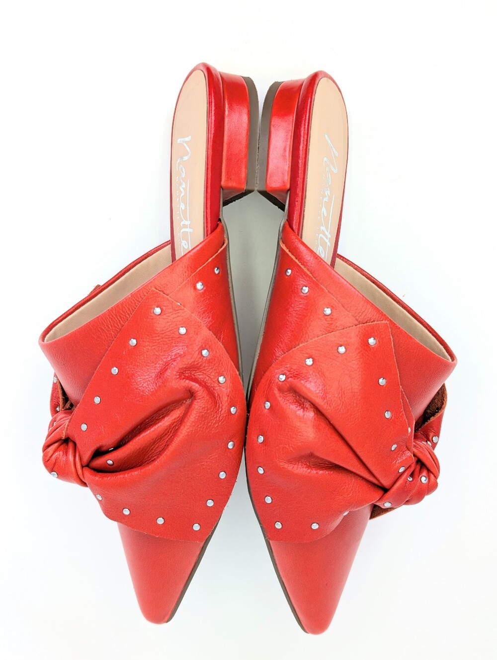 Nanette Lepore Orange Red Studded Bow Pointed Toe Mule Flats Slide On Size 6 EUC - Picture 10 of 12